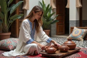 Jeune femme en kaftan blanc dans un décor marocain
