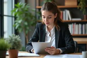 Femme en blazer lisant des actualites sur une tablette