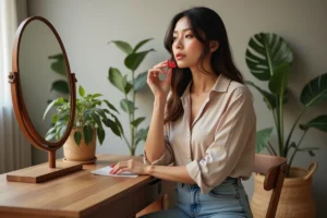 Femme confiante se maquillant dans un miroir avec ambiance naturelle