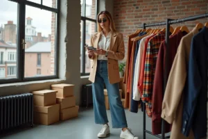 Femme stylée en blazer et jeans dans un appartement urbain
