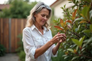 Femme examinant des feuilles d'olivier dans son jardin