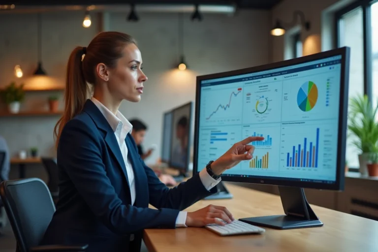 Femme professionnelle utilisant un tableau de bord numérique interactif dans un bureau moderne pour optimiser son activité