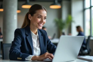 Femme professionnelle consultant une plateforme d'emploi sur son ordinateur portable dans un bureau moderne