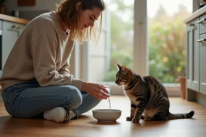 Femme versant de l'eau à son chat dans la cuisine chaleureuse