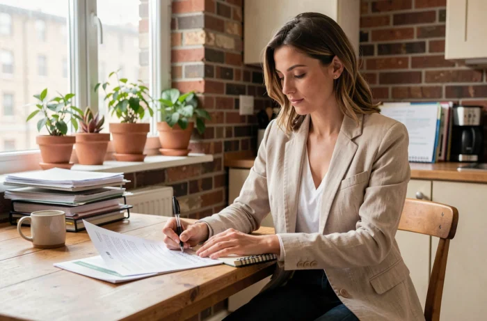 Femme consultant des annonces de location dans un appartement, prenant des notes pour organiser sa recherche de logement idéal
