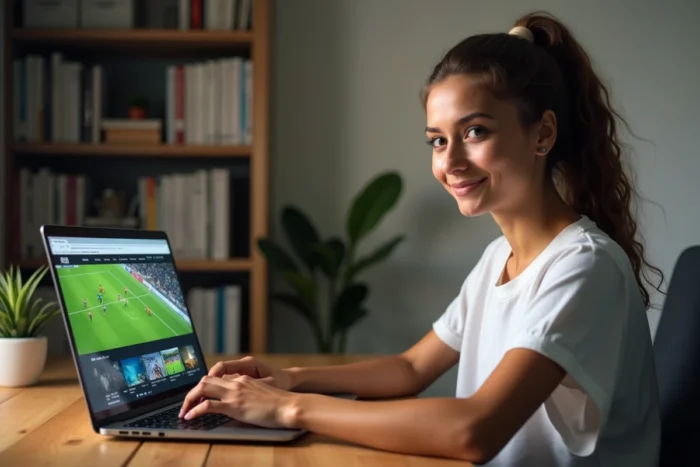 Jeune femme cherchant une adresse de site de streaming sportif sur son ordinateur portable