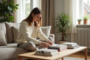Femme élégante dans un salon lumineux avec livres d'art