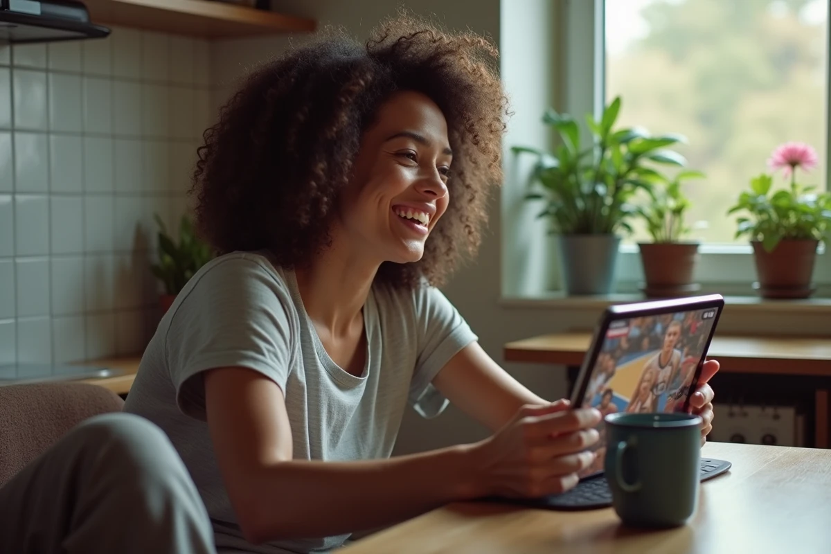 Femme regardant un match NBA sur une tablette à la cuisine