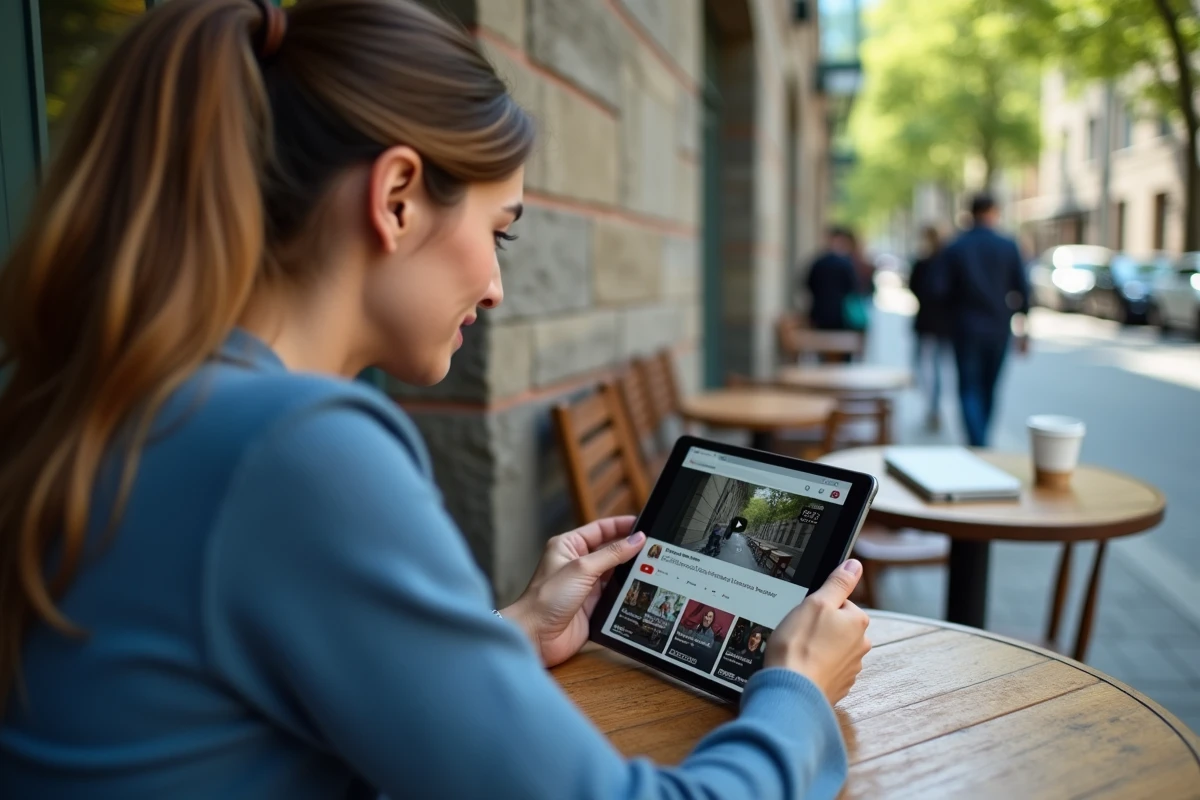 Femme concentrée utilisant une tablette dans un café en plein air