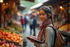 Jeune femme au marché en voyage avec carnet