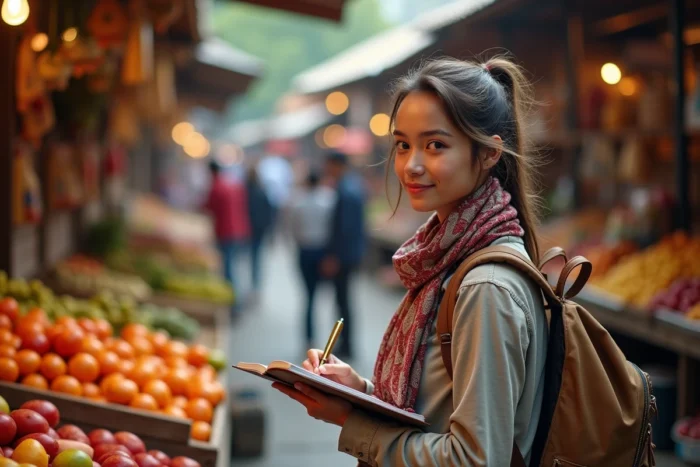 Jeune femme au marché en voyage avec carnet