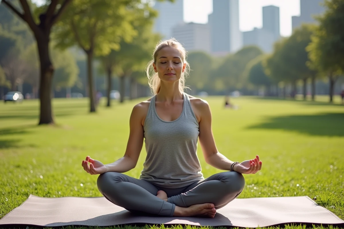 Femme pratiquant le yoga dans un parc urbain ensoleille