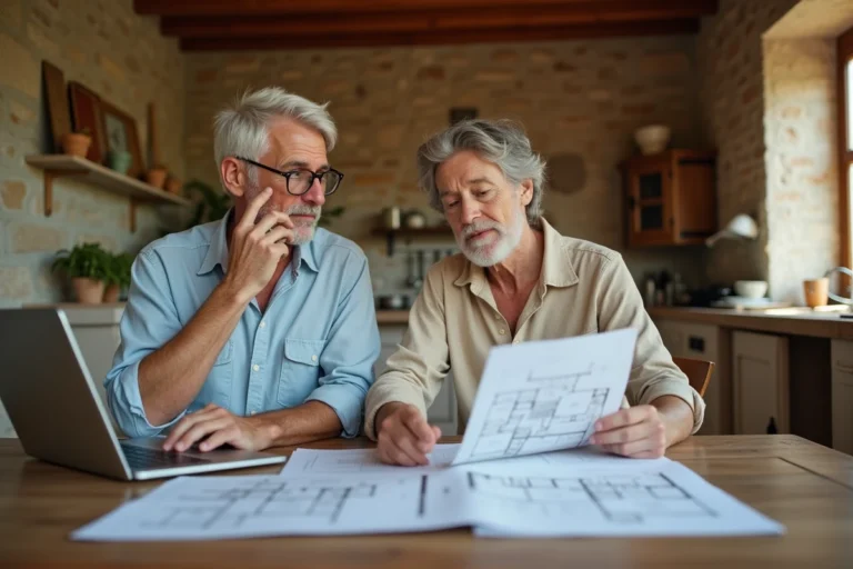 Couple examinant les frais et coûts d'une maison secondaire autour d'une table avec des documents financiers