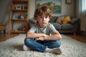 Garçon de 6 ans avec expression frustrée dans un salon familial