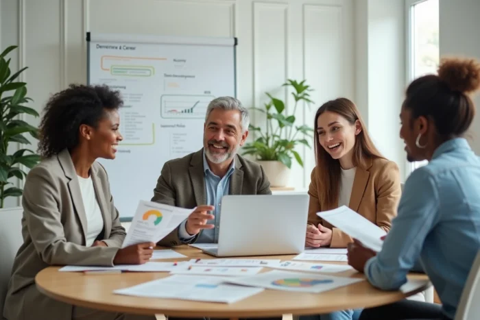 Groupe de professionnels collaborant autour d'une plateforme de développement de carrière lors d'une réunion en entreprise
