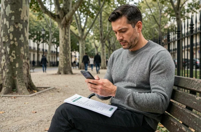 Homme consultant une application de recherche de location sur smartphone dans un parc urbain, avec une checklist de critères de logement
