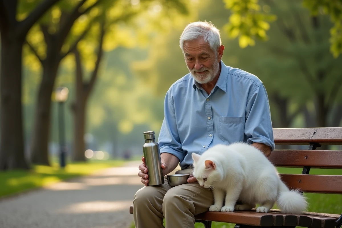 Homme âgé donnant à boire à son chat blanc dans un parc en plein air