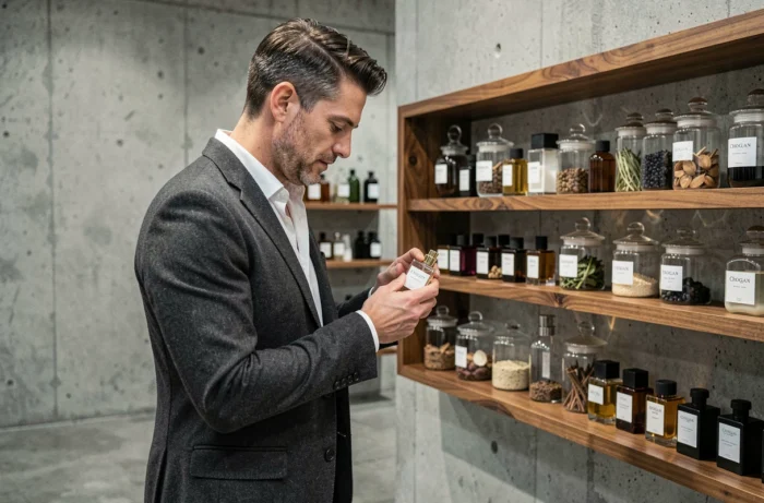 Homme en blazer explorant une boutique de parfums Chogan dans un espace contemporain