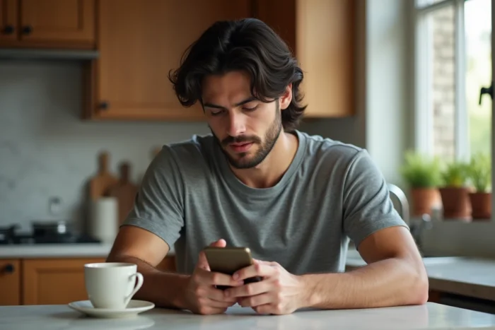 Homme aux cheveux non lavés savourant un café le matin dans une cuisine moderne