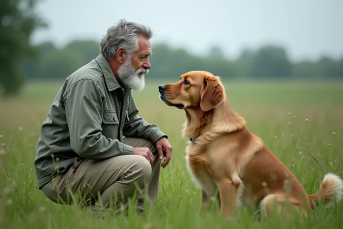 Homme agenouillé aux côtés de son chien dans un pré, symbolisant le lien entre l'humain et l'animal et la cause animale