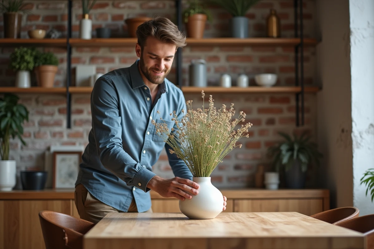 Homme posant une vase de fleurs dans un loft urbain
