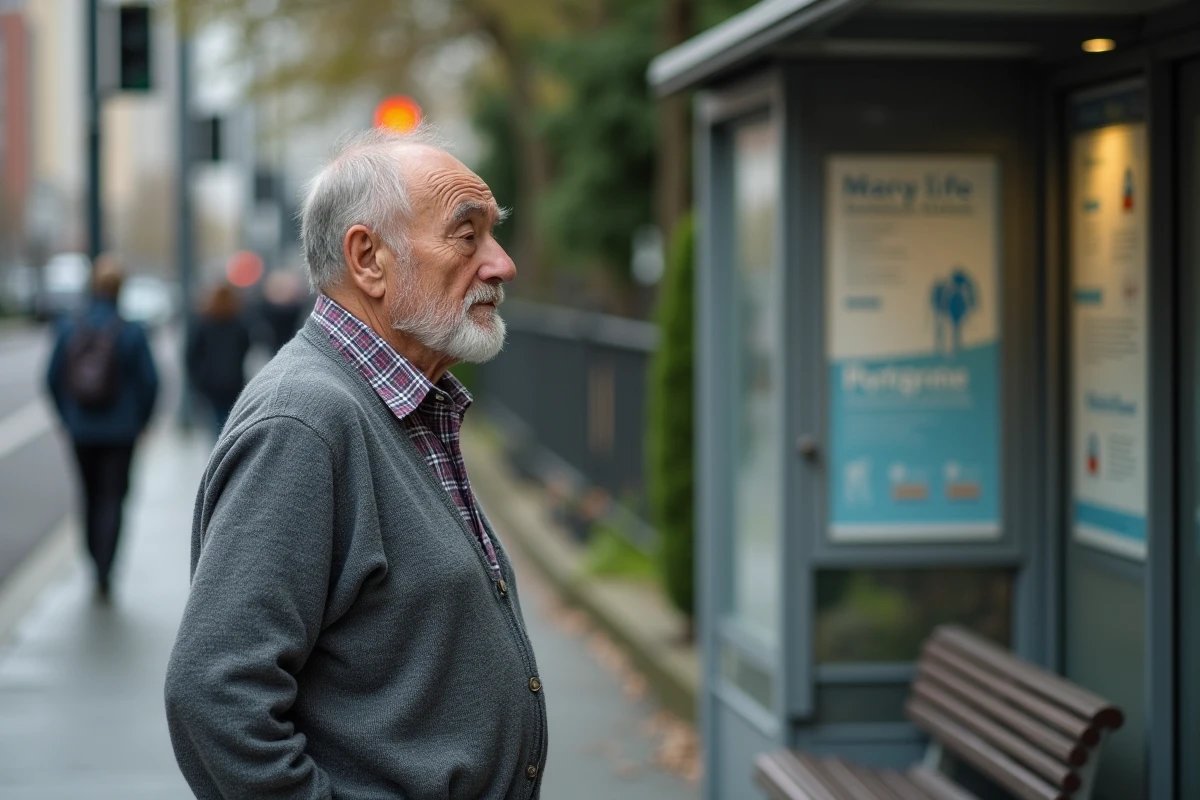 Homme âgé regardant un panneau à un arrêt de bus en ville