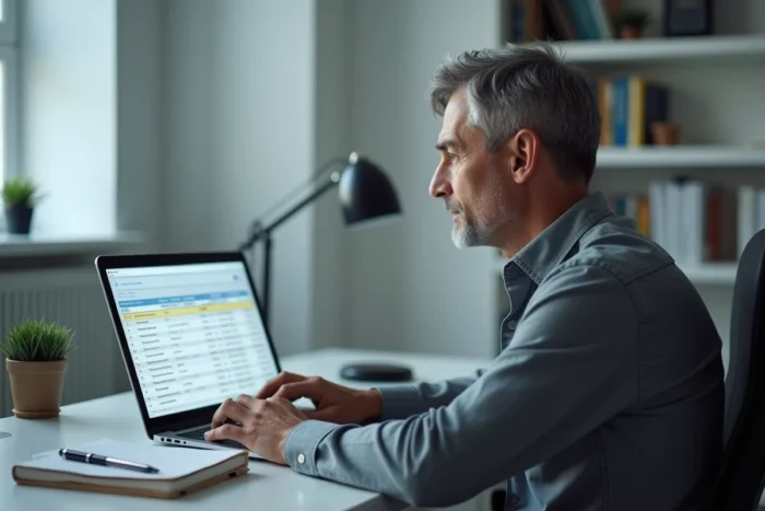 Homme consultant un PDF de calendrier de paiement invalidité 2026 sur ordinateur portable à domicile