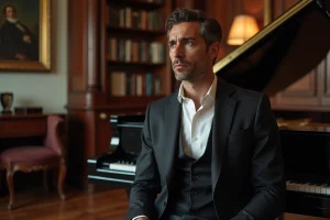 Homme en costume assis près d'un piano dans un appartement élégant