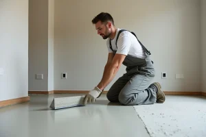 Hommes en overalls appliquant du mortier au sol intérieur