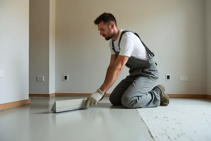 Hommes en overalls appliquant du mortier au sol intérieur
