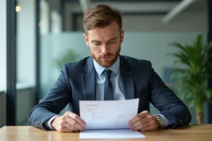 Homme en costume examinant un CV dans un bureau moderne