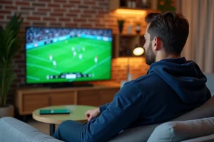 Homme regardant un match de sport en streaming sur sa télévision depuis son salon moderne