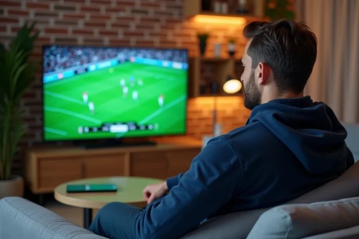 Homme regardant un match de sport en streaming sur sa télévision depuis son salon moderne