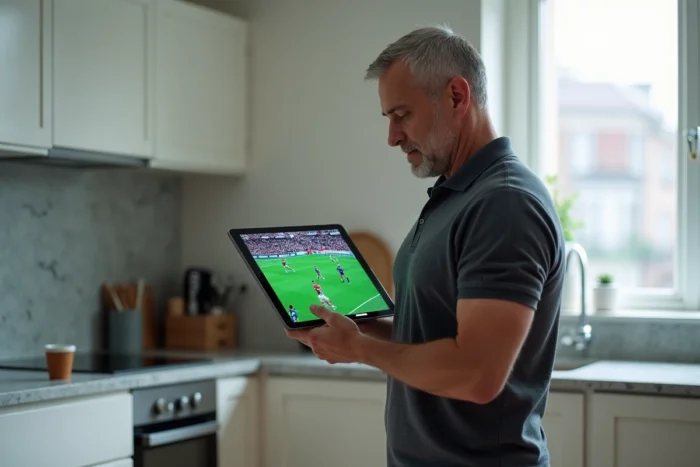Homme consultant un site de streaming sportif sur tablette dans une cuisine moderne