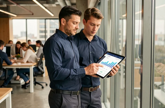 Homme consultant un tableau de bord d'avis utilisateur sur une tablette dans un espace de coworking — évaluation Pimtip