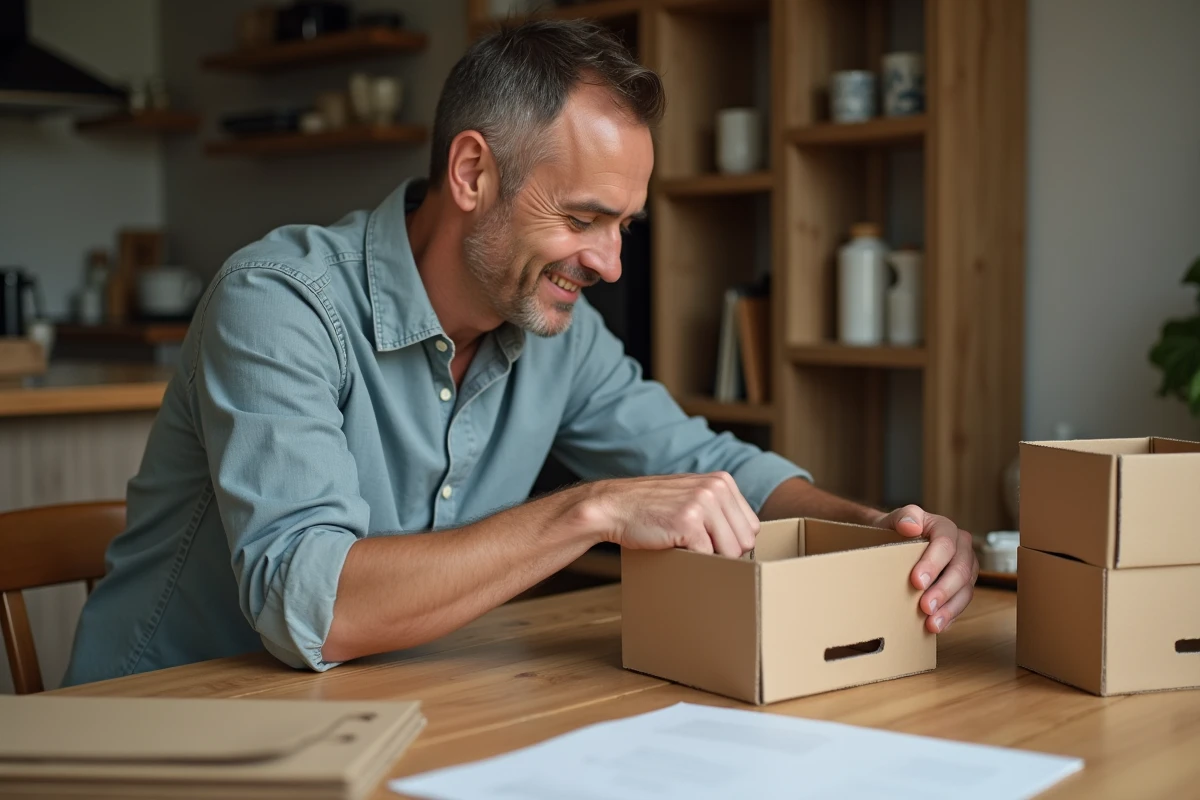 Homme assemble un carton pour rangement à la cuisine