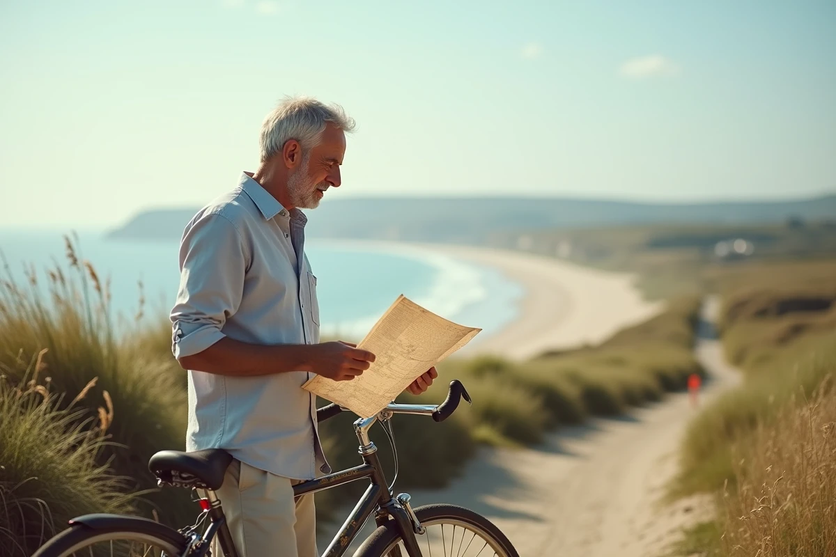 Homme d age en balade avec vélo sur la côte