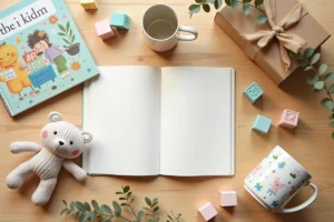 Idées cadeaux pour enfants disposées en flat lay sur une table en bois clair avec livres illustrés et jouets en tricot