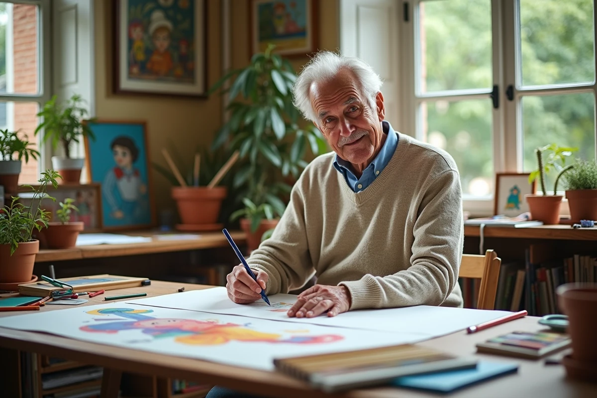 Illustrateur en train de dessiner un personnage OuiOui dans son atelier coloré