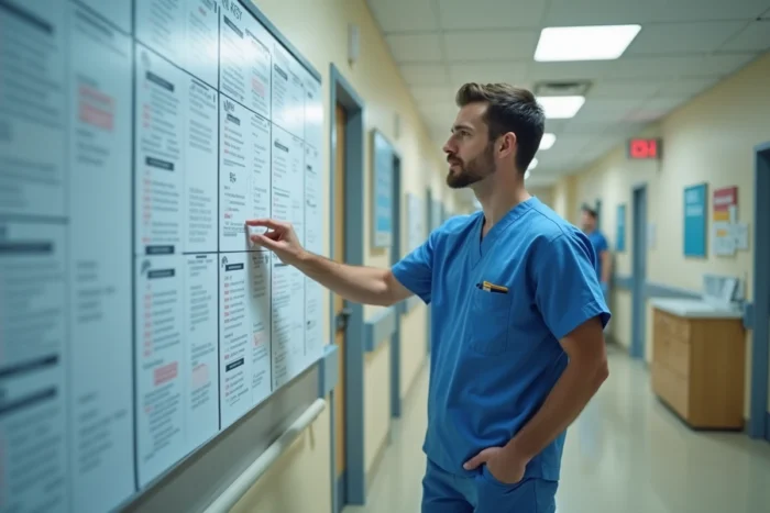 Infirmier en blouse médicale consultant un planning des jours fériés affiché dans un couloir d'hôpital