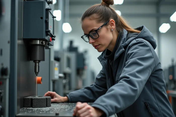 Ingénieure mécanique travaillant sur une machine CNC de précision dans une usine industrielle moderne
