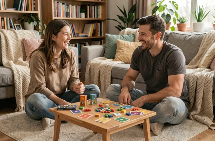 Deux amis jouant à un jeu de société dans un salon cosy, loisirs et temps libre entre amis