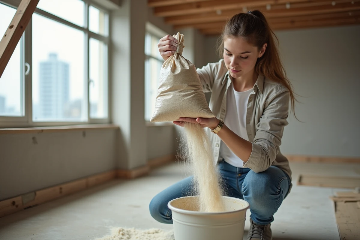 Jeune femme versant du mortier dans un seau de rénovation
