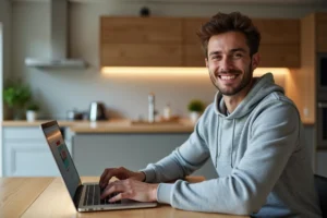 Jeune homme souriant utilisant un ordinateur portable dans une cuisine moderne