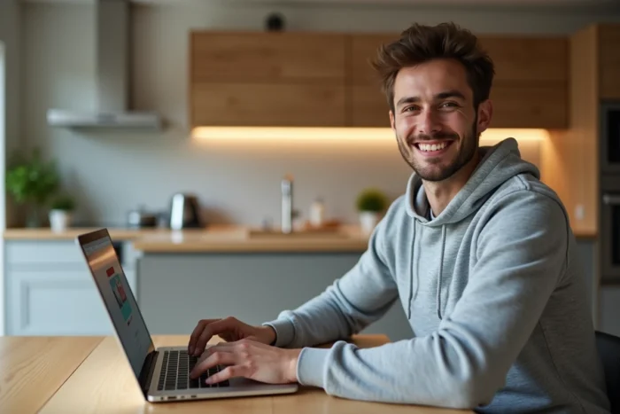 Jeune homme souriant utilisant un ordinateur portable dans une cuisine moderne