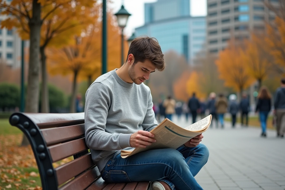 Jeune homme lisant un journal dans un parc urbain