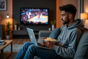 Jeune homme regardant un match NBA sur son ordinateur à la maison