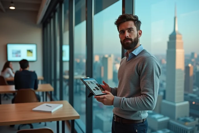 Jeune professionnel utilisant une tablette pour accéder à une plateforme de networking business dans un espace de coworking