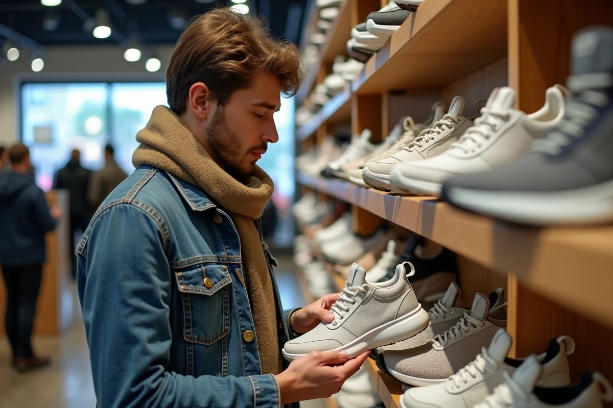 Jeune homme comparant des sneakers dans un magasin de chaussures