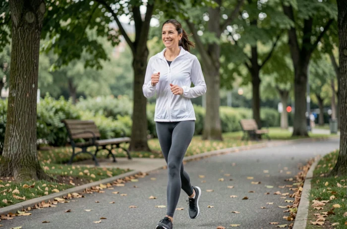 Femme faisant du jogging dans un parc urbain pour prendre soin de sa santé physique et améliorer son bien-être au quotidien